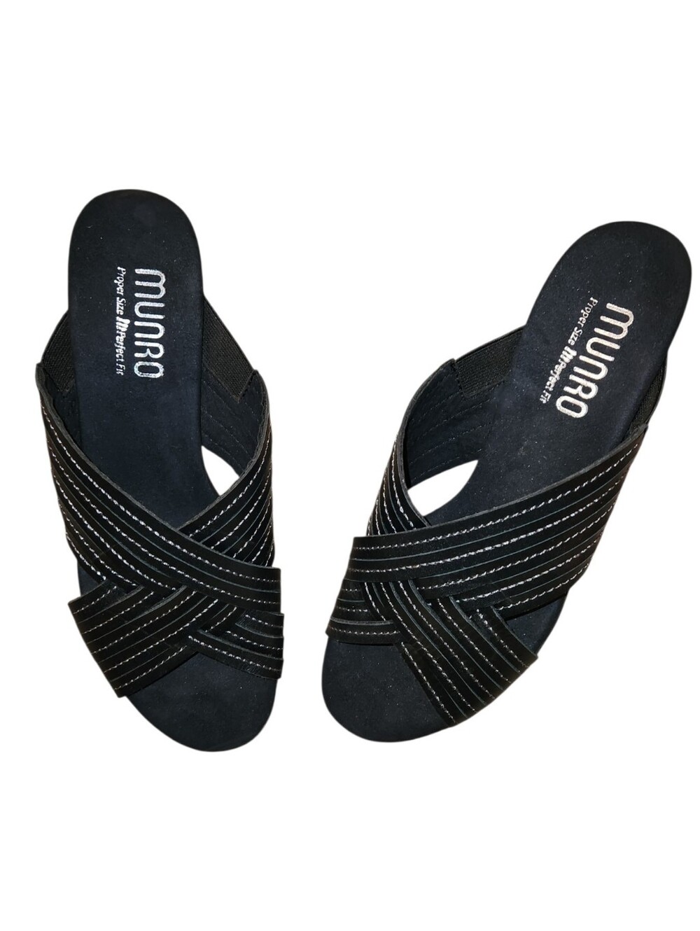 Munro Kelsey Black Leather Crisscross Slide Sandals Size 6.5M White Stitching